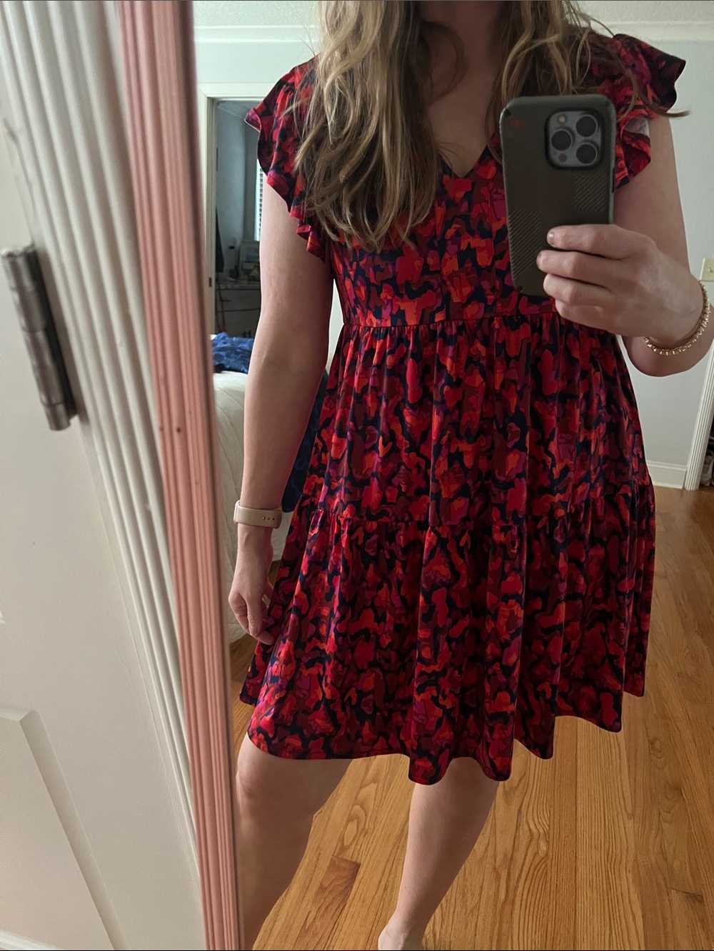 la mer luxe red Multi-Color Printed V-Neck Flutter Sleeve Dress small